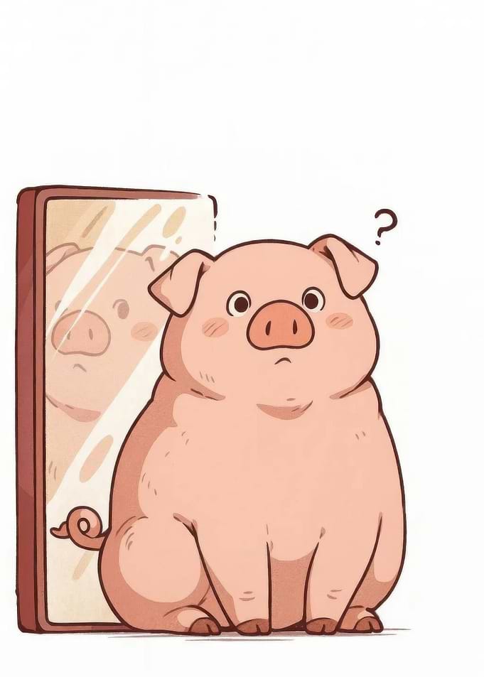 Confused Pig Looking in Mirror