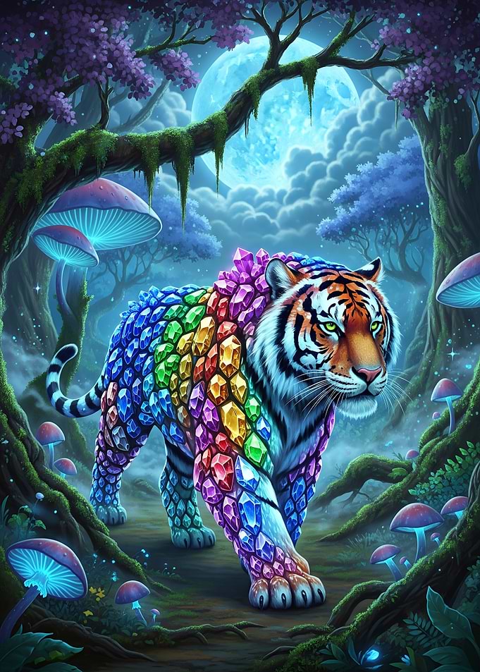 Crystal Tiger in Enchanted Moonlit Forest