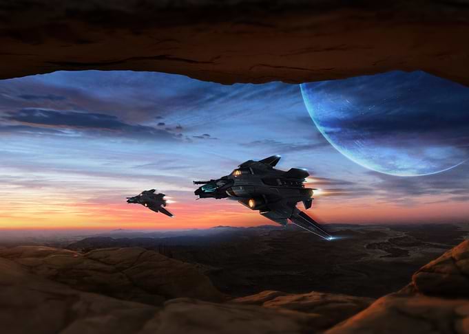 Futuristic Spaceships Flying Over Alien Landscape