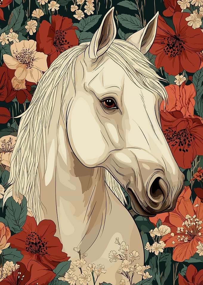 White Horse Portrait with Floral Background