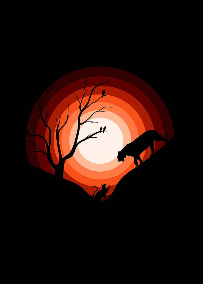 Silhouette of Animals and Tree at Sunset