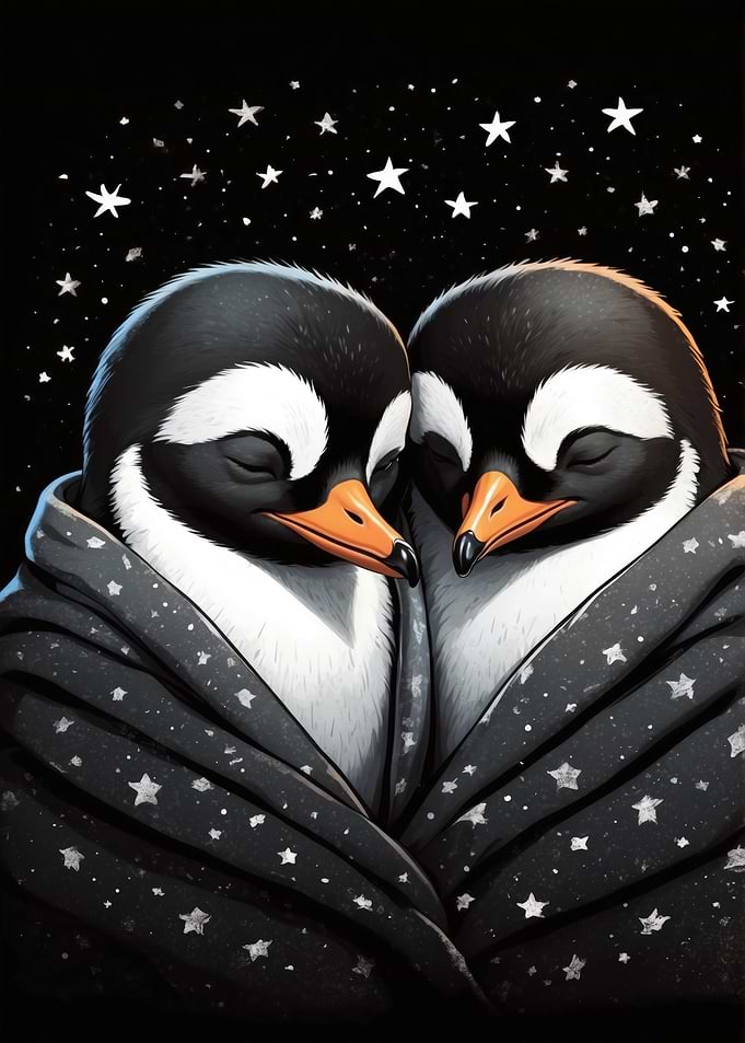 Penguin Pair Wrapped in Starry Blanket