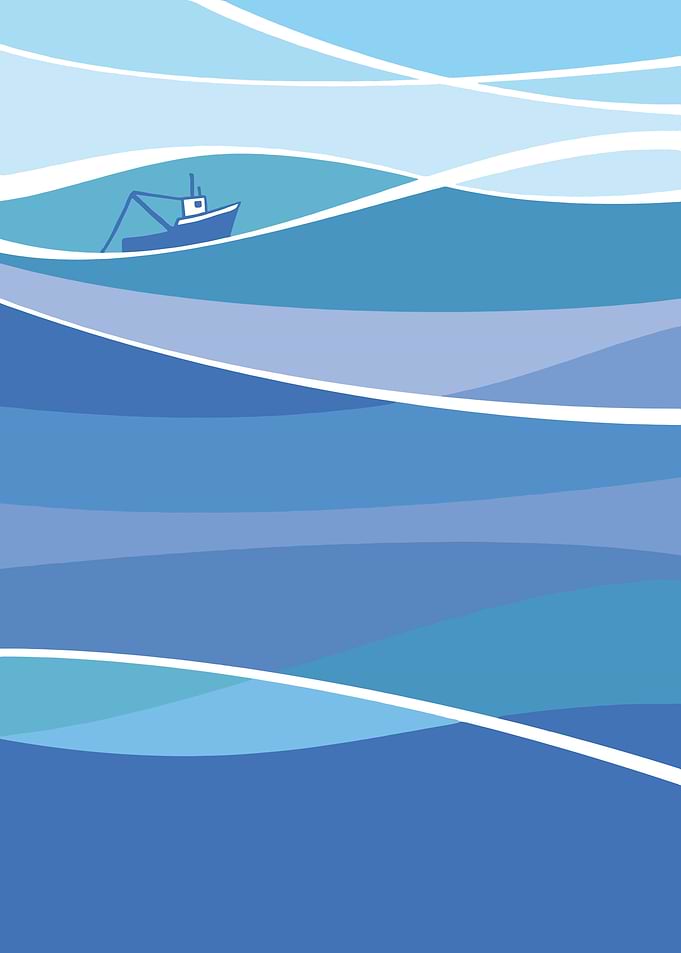 Stylized Boat on Blue Ocean Waves