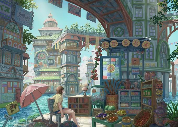 Anime-Style Cityscape with Waterway and Market