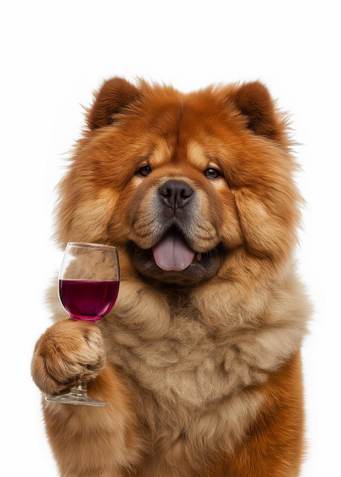 Chow Chow dog holding wine glass