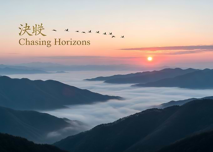 Majestic Mountain Sunrise with Fog and Birds in Flight