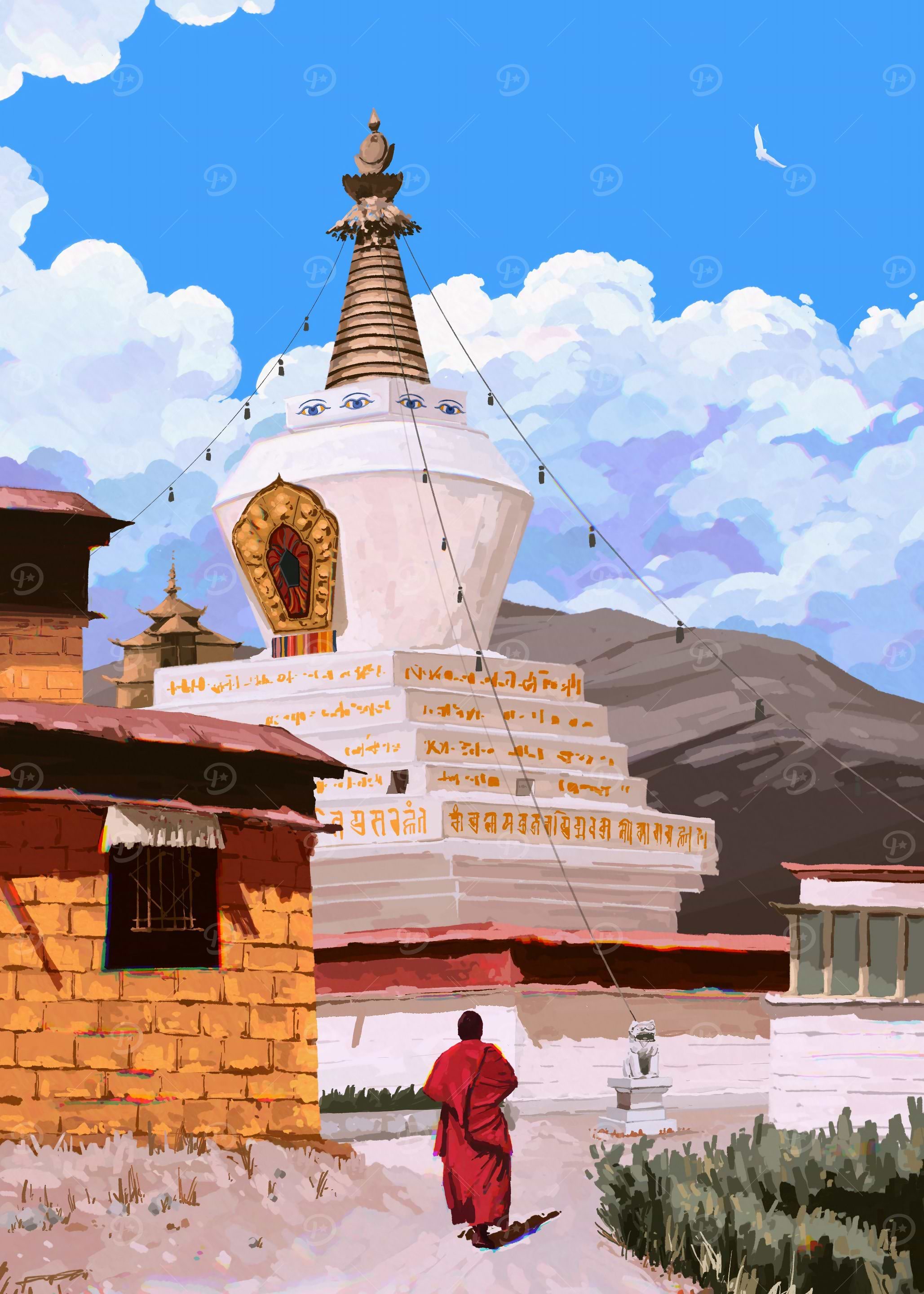 Tibetan Stupa with Monk Illustration