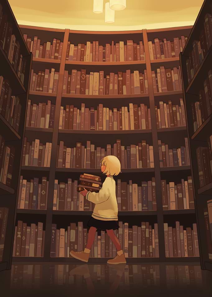 Girl Carrying Books in a Library