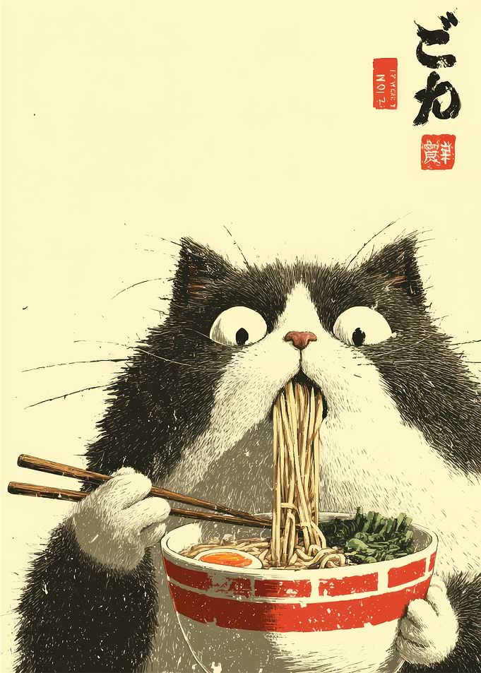 Cat Eating Ramen Illustration