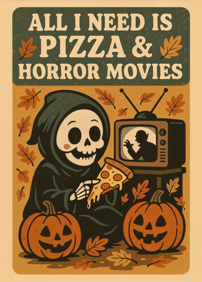 Cute Grim Reaper Eating Pizza Halloween Poster