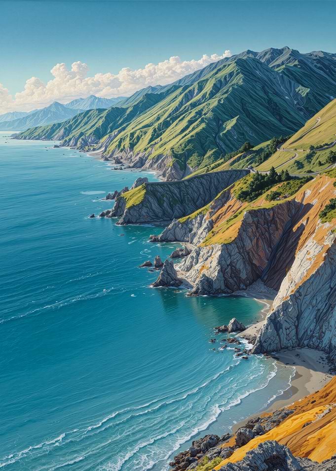 Coastal Landscape with Mountains and Ocean