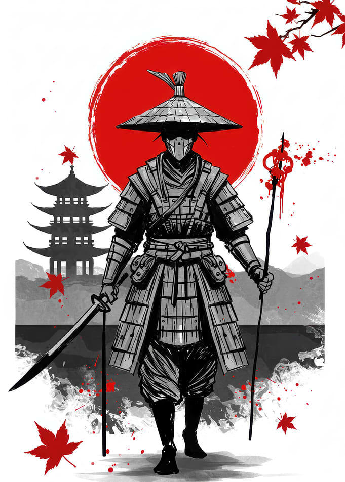 Samurai Warrior with Sword and Staff