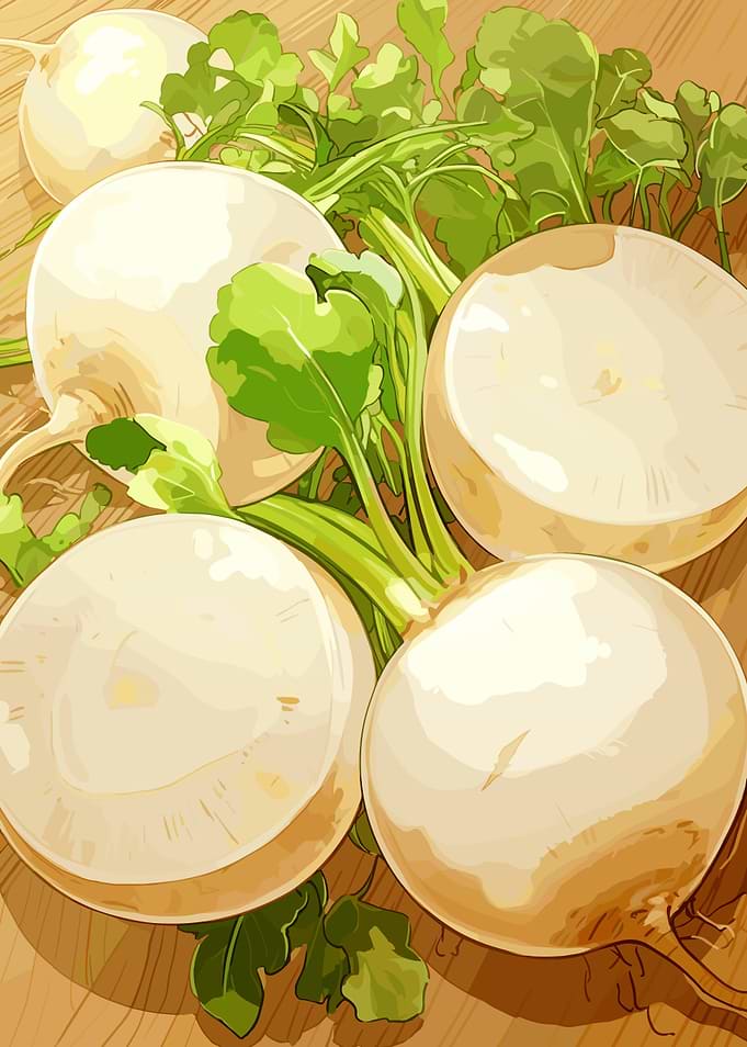 Turnips with Greens on Wooden Surface