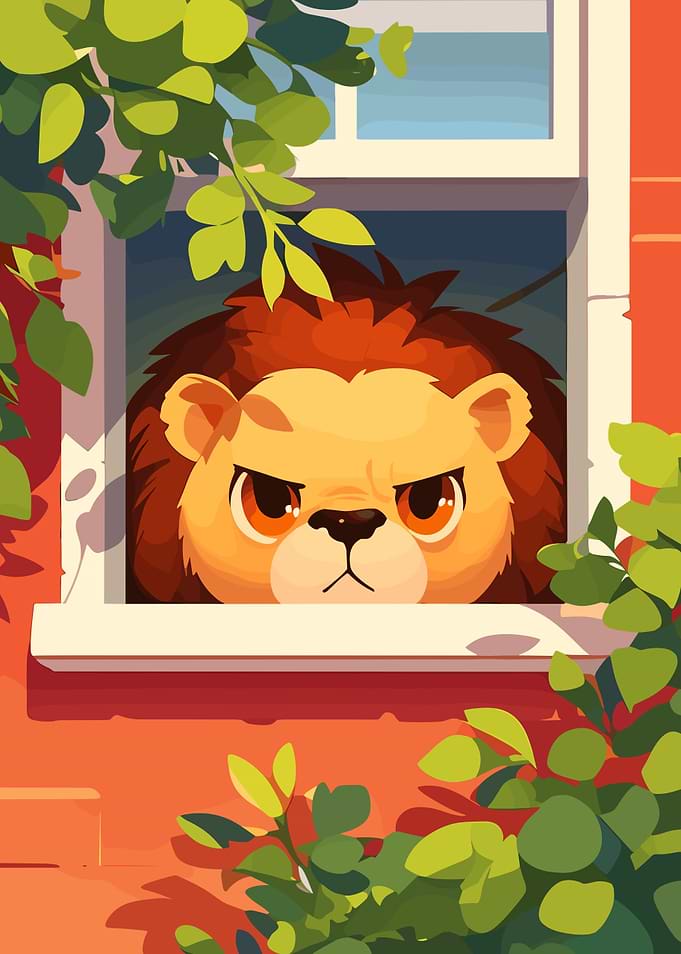 Cartoon Lion Peeking Out Window