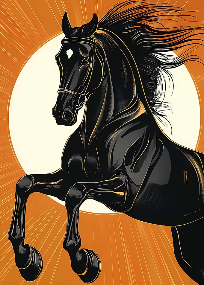 Black Horse Illustration with Orange Background