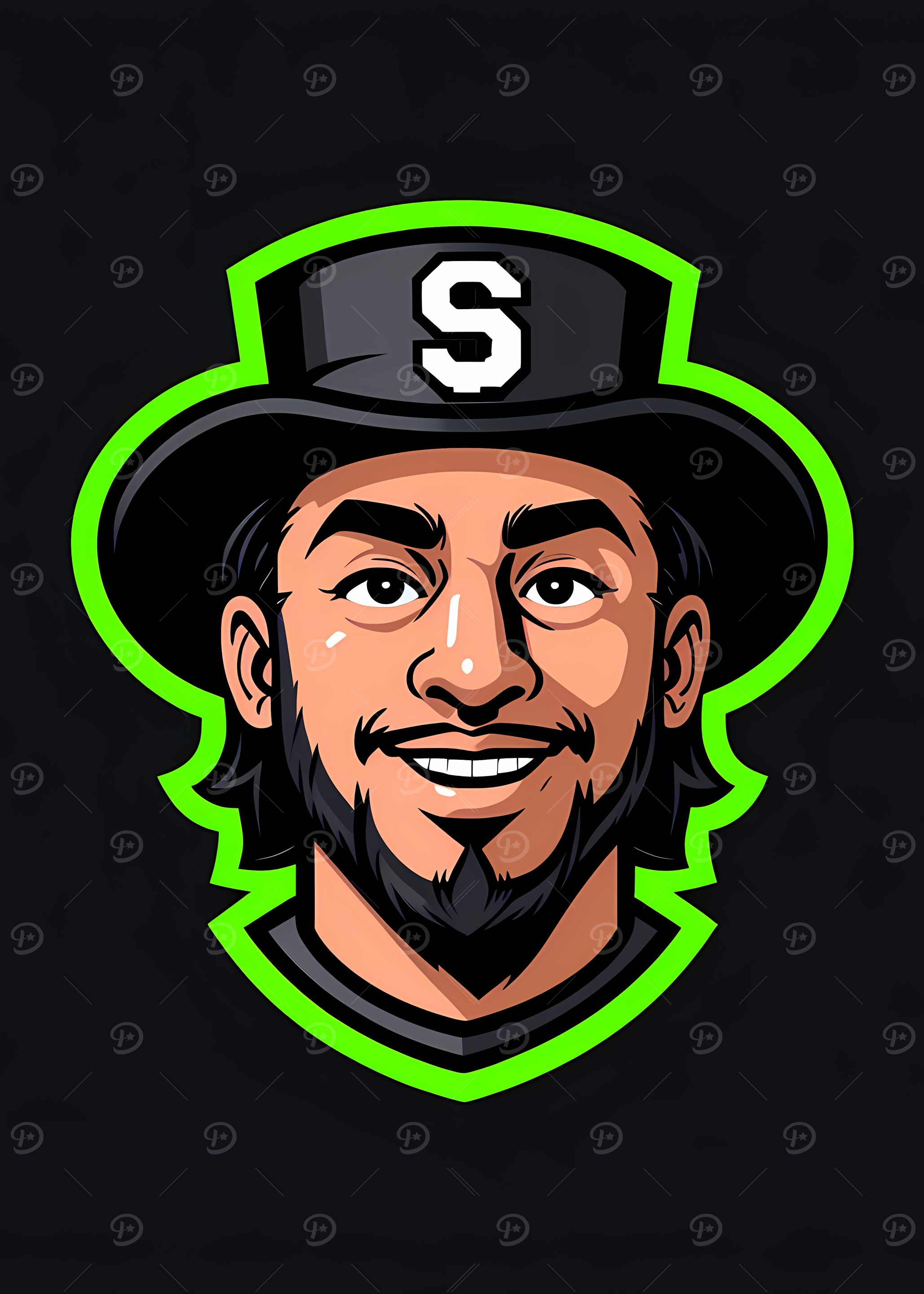 Smiling Bearded Mascot Logo with Hat and Neon Green Outline
