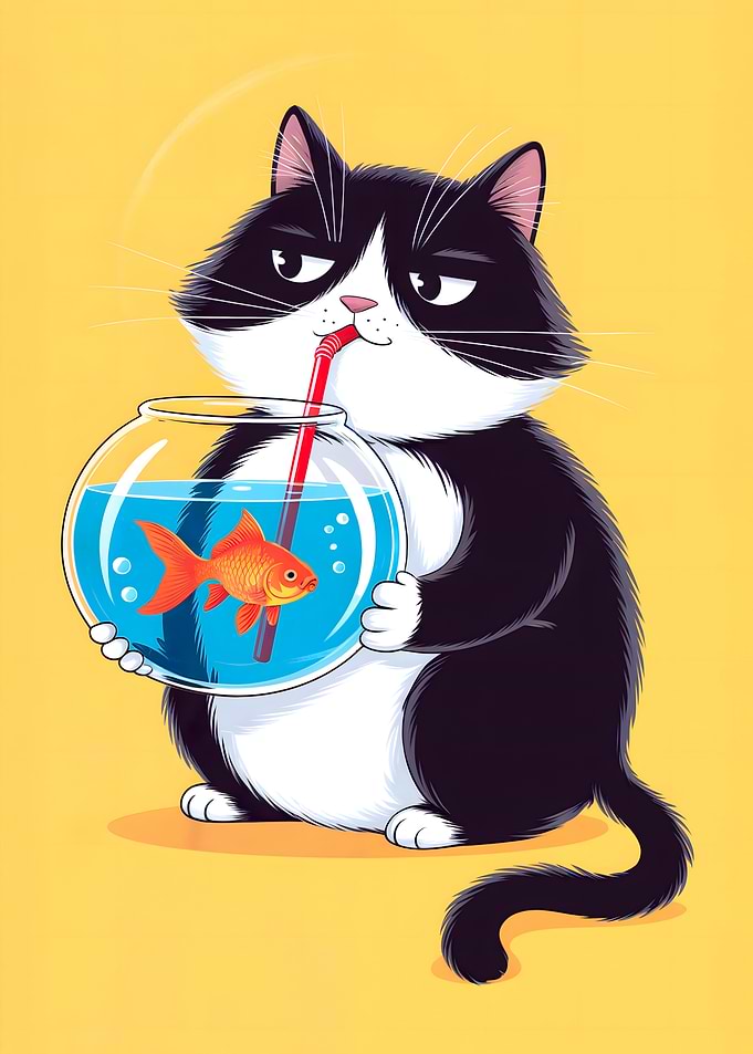 Cartoon Cat Drinking Fishbowl Illustration
