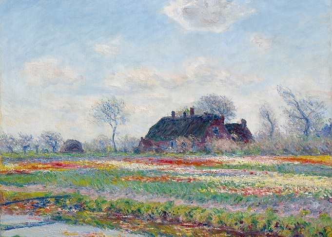 Impressionist Landscape with Cottage and Flowers
