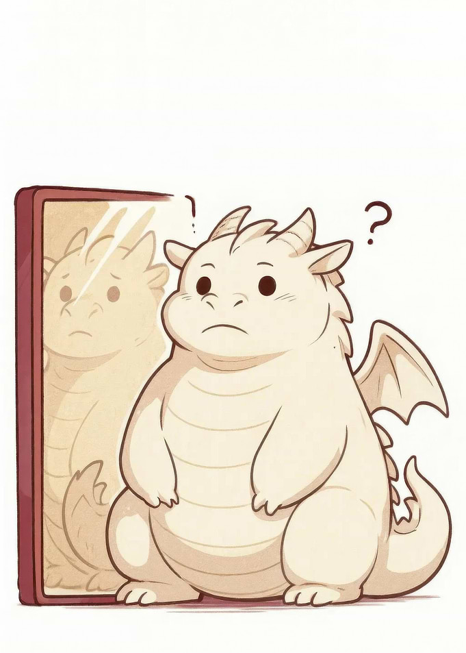 Chubby Dragon Stares at Mirror Reflection