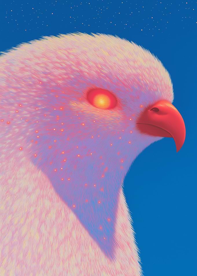 A fantastical glowing phoenix with a piercing eye