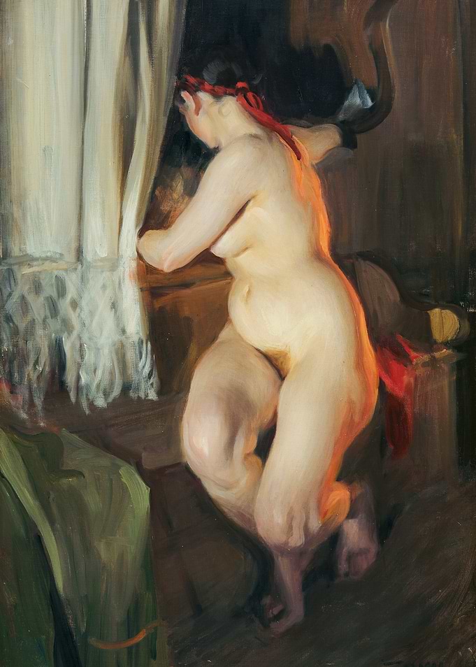 Nude Woman with Red Ribbon Painting