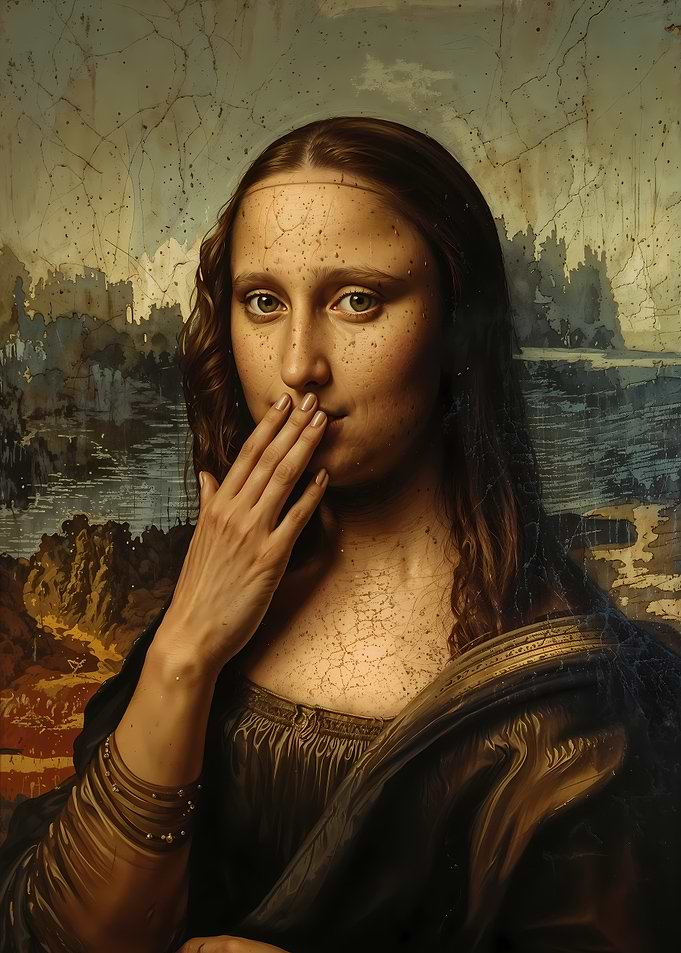 Mona Lisa with hand over mouth