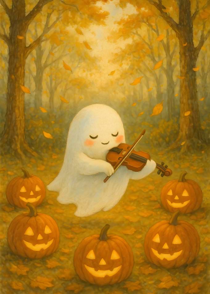 Cute Ghost Playing Violin with Pumpkins