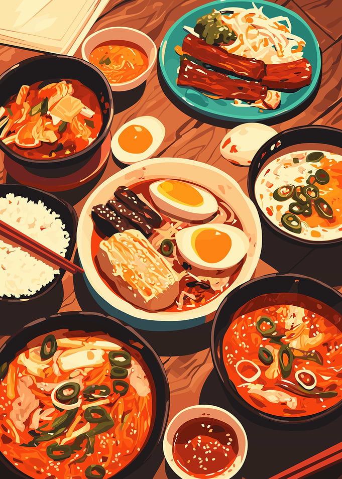 Assorted Asian Dishes on Wooden Table