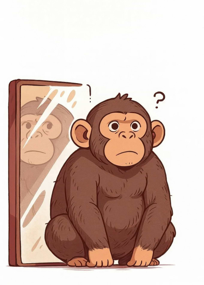 Confused Monkey Looking in Mirror