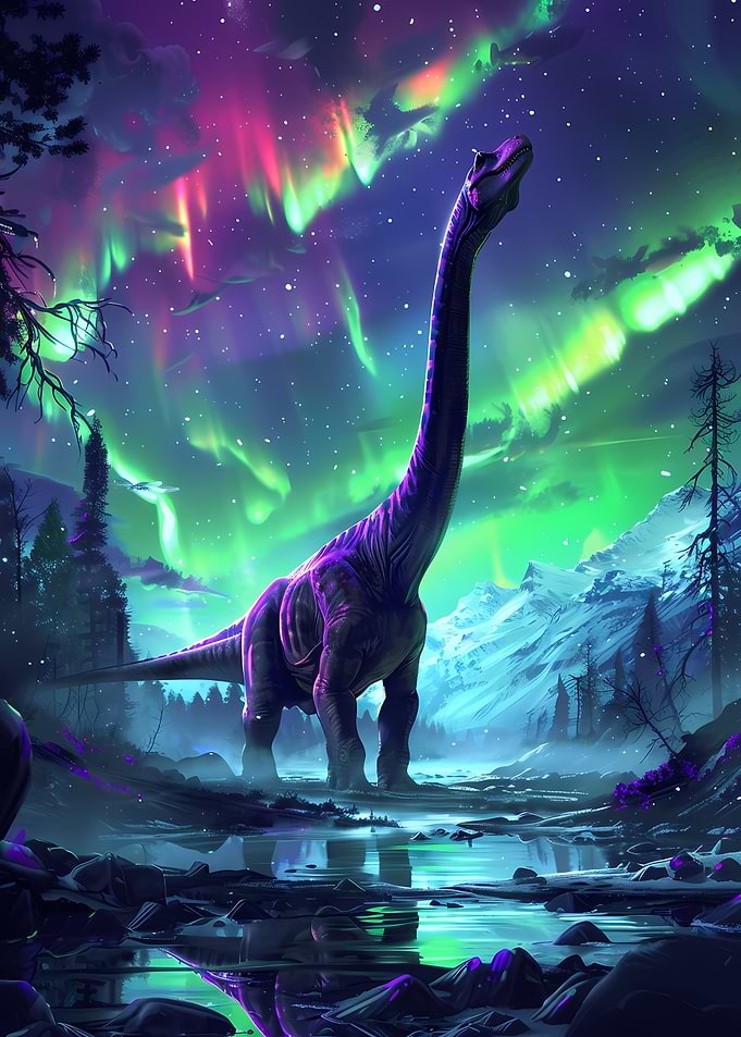 Dinosaur under Aurora Borealis