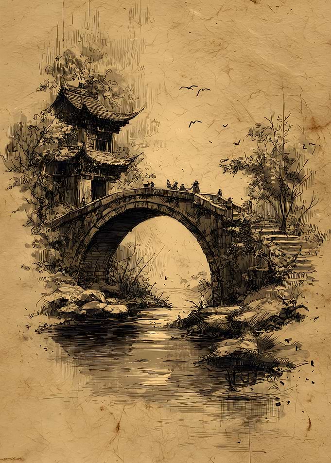 Asian Bridge and Temple Sketch