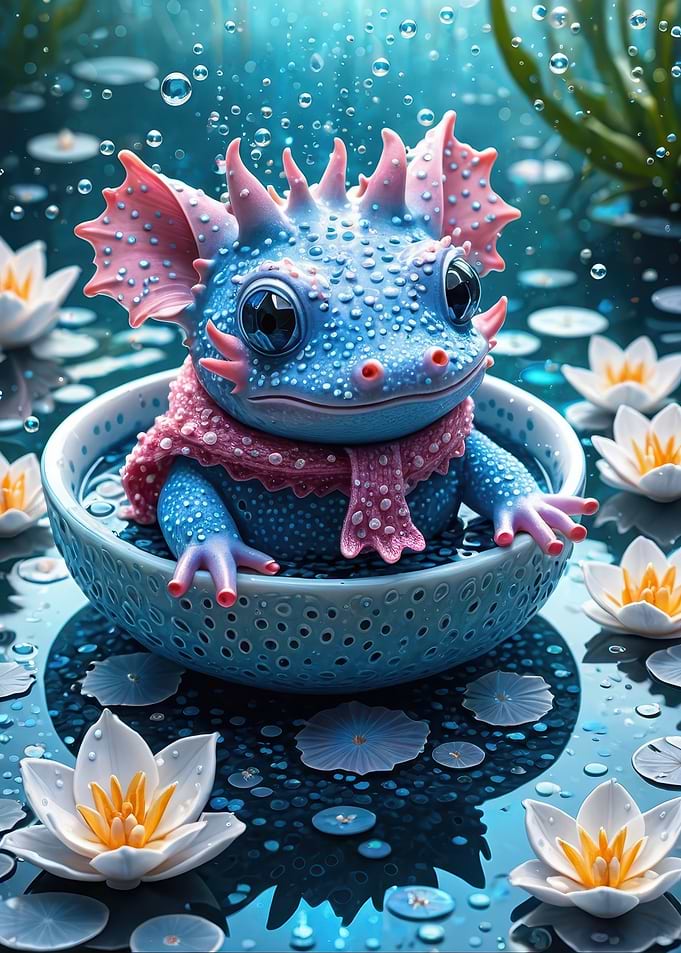 Adorable Blue Axolotl in a Water Lily Pond — Whimsical Cute Creature Art