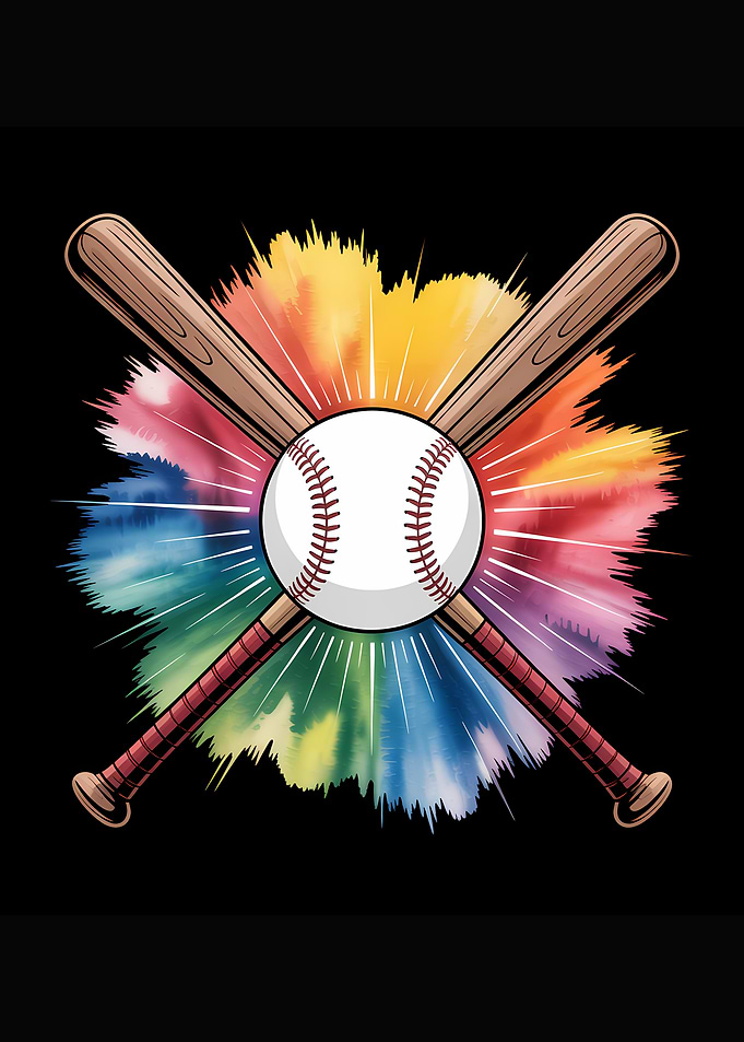 Baseball and crossed Bats with Colorful red, blue and green watercolor Burst