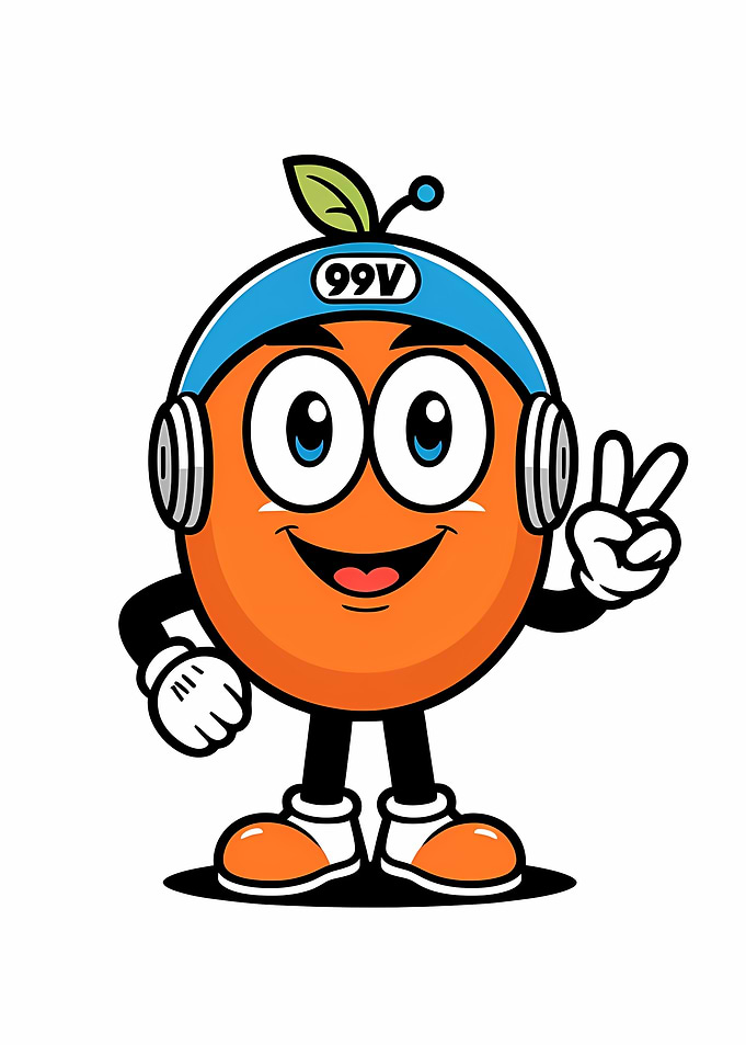 : Smiling Orange Mascot with Headphones Showing Peace Sign
