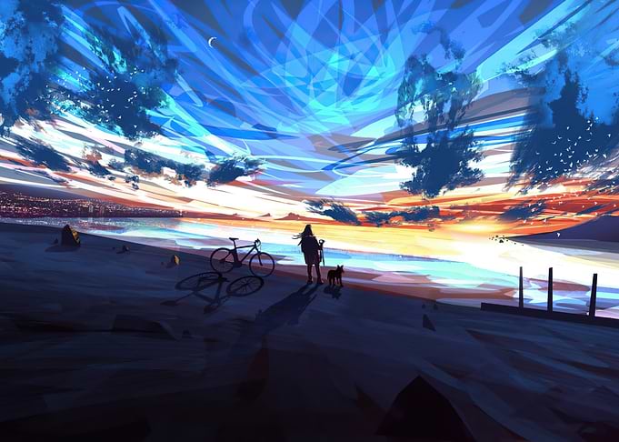 Sunset Beach Walk with Dog and Bike