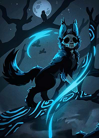 Skull-faced wolf on a glowing branch