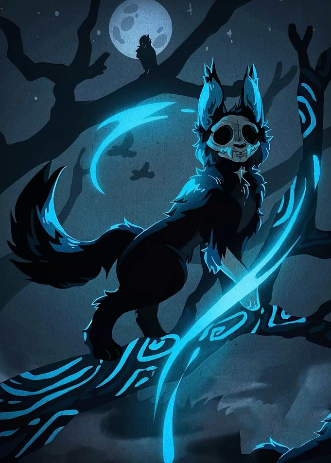 Skull-faced wolf on a glowing branch