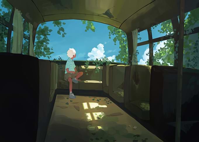 Boy in Overgrown Bus Illustration