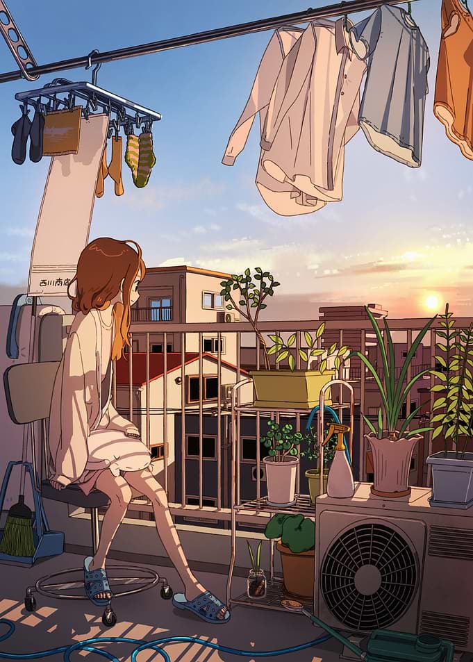 Anime girl on balcony at sunset
