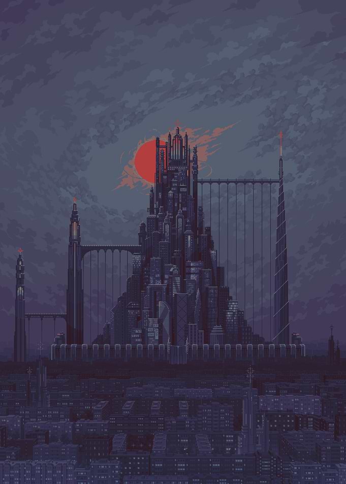 Pixel Art Dark Cityscape with Red Sun