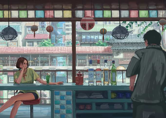 Anime-style Bar Scene with Two People