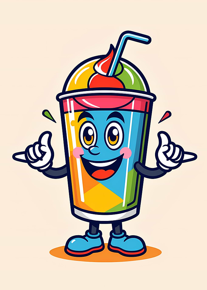 Smiling Rainbow Slush Cup Mascot with Straw
