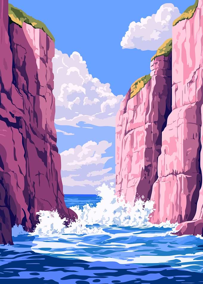 Peaceful Pastel Pink Cliffs Ocean Waves Landscape Minimalist Art Illustration
