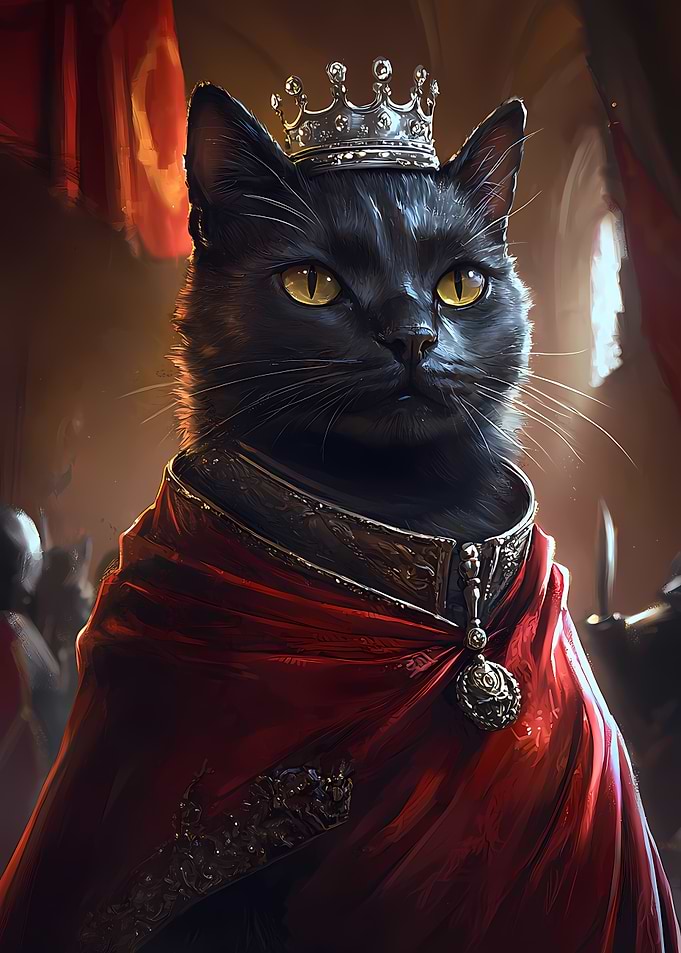 Regal Black Cat Portrait with Crown