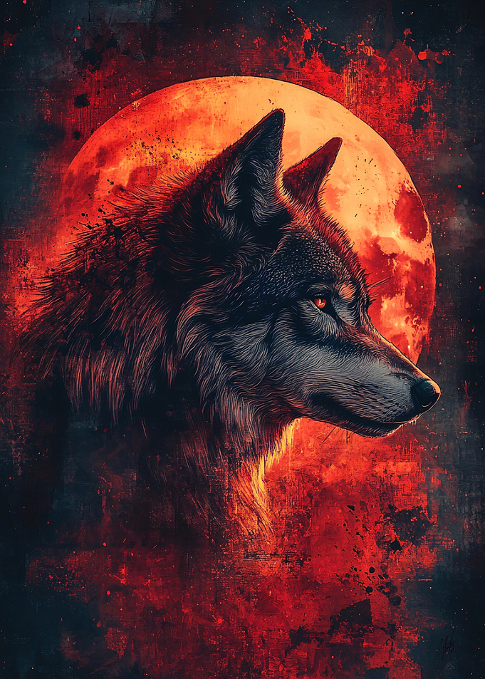 Wolf with Red Moon