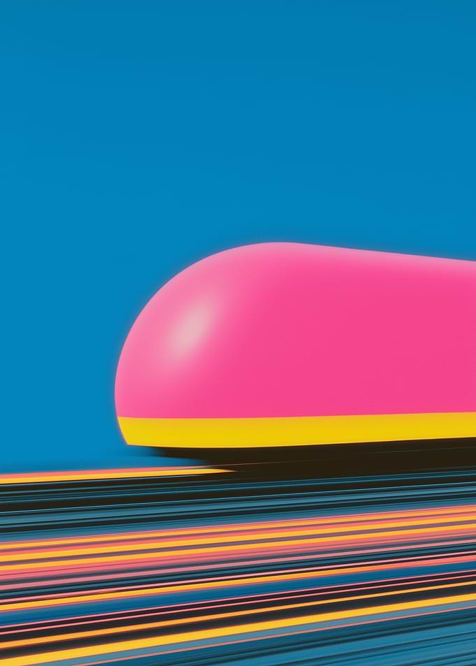 A futuristic neon-lit train speeding through a neon glow
