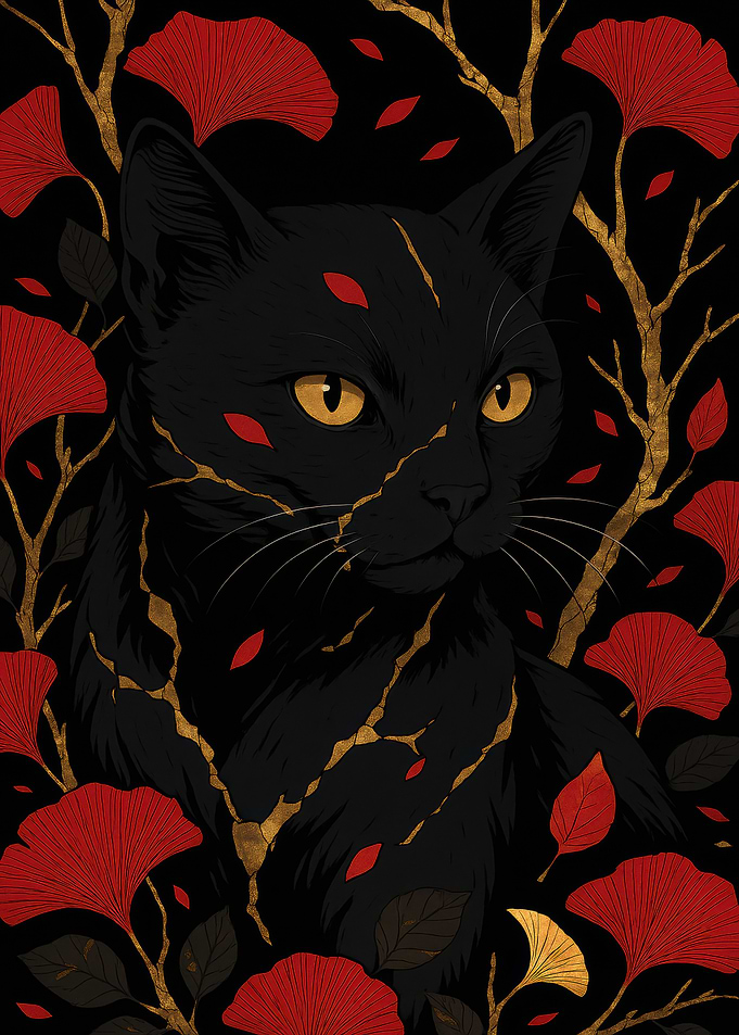 Black Cat with Red Leaves and Gold