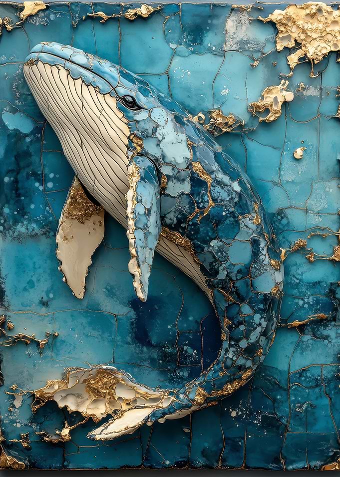 Blue and Gold Whale Art