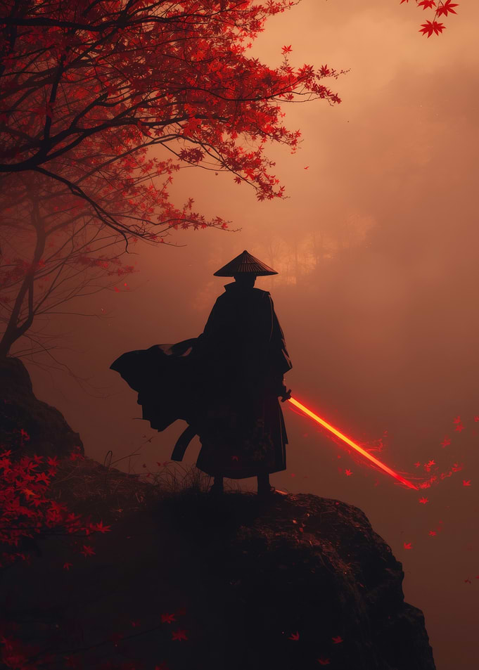 Samurai with Red Katana in Autumn