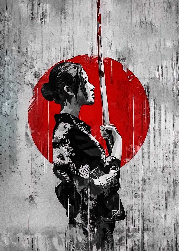 Samurai Woman with Sword and Red Sun